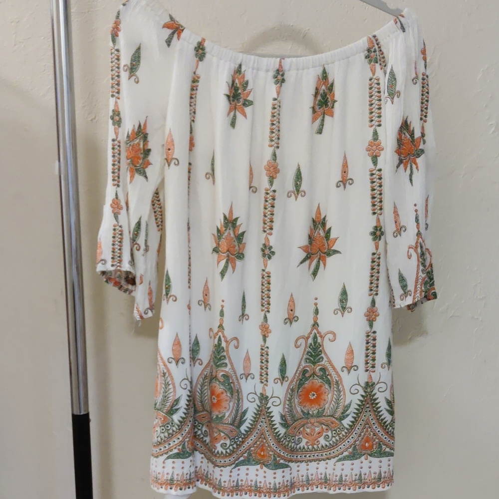White Floral Off-Shoulder Dress with Orange & Green Print